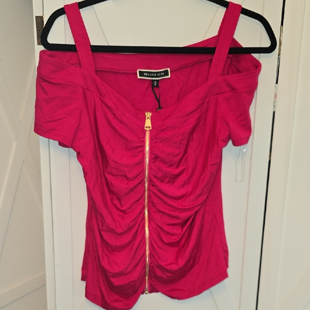 New Sexy Fuchsia Off-Shoulder Blouse with Gold Zipper